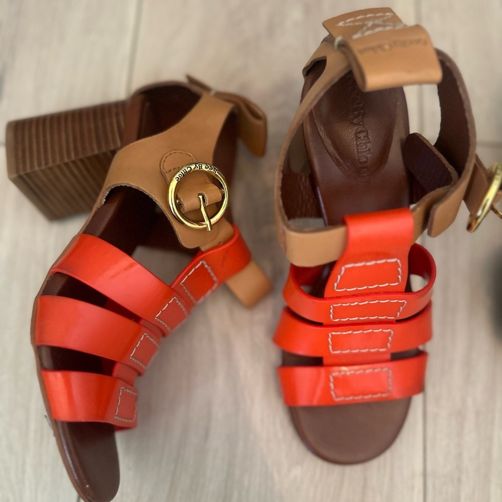 See By Chloe Red and Tan Heeled Sandals
